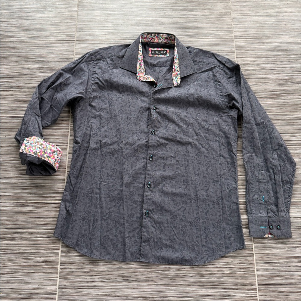 Jared Lang Charcoal Shirt with Colorful Floral Trim size XL/5
